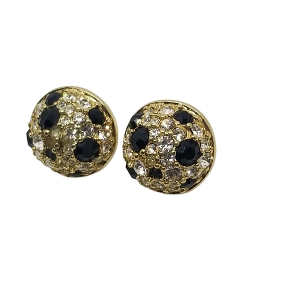 SWAROVSKI VINTAGE GOLDTONE WITH BLACK & WHITE CRYSTAL BUTTON EARRINGS - Picture 4 of 7